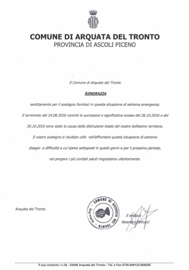 ringraziamento Comune di Arquata del Tronto